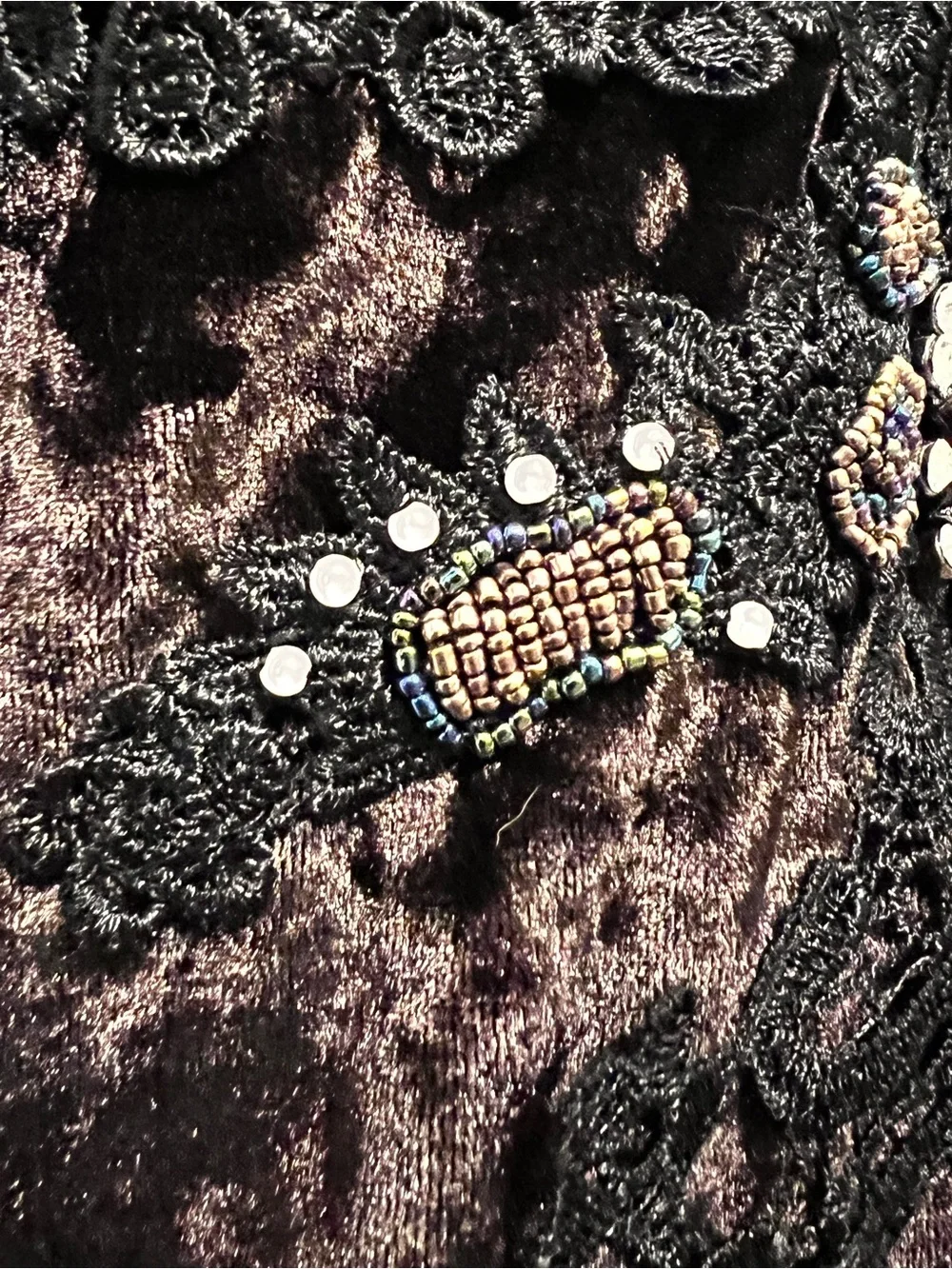 Passion Concept-Deep Purple/Black Beaded Velvet Lace V-Neck Tunic Blouse-Long Sl